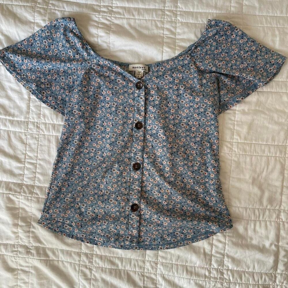 Monteau los angeles womens S blue ditsy floral flutter sleeve coastal‎ western